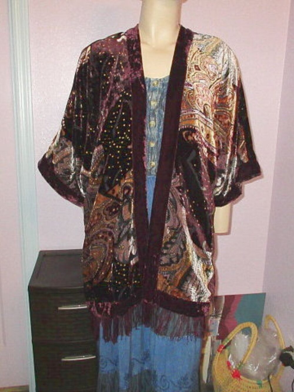 Chico's Travelers Velvet Burnout Kimono Size M Paisley Fringe Patchwork Exotic
